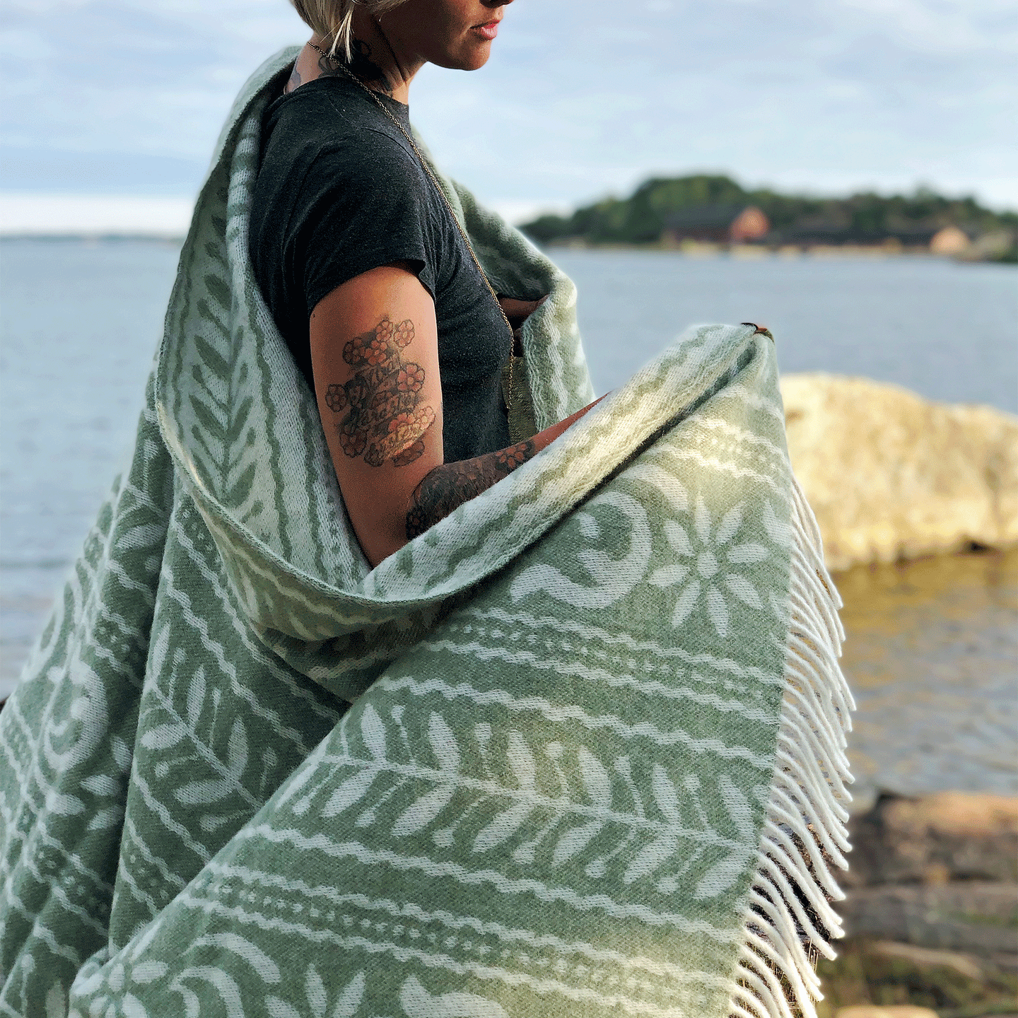 Anno Green Lambswool Jacquard Blanket